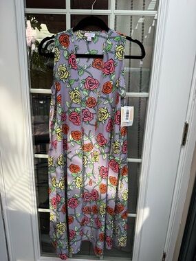 X😻LuLaRoe Joy Floral Duster Vest in Lavender with Pink Orange Yellow Roses